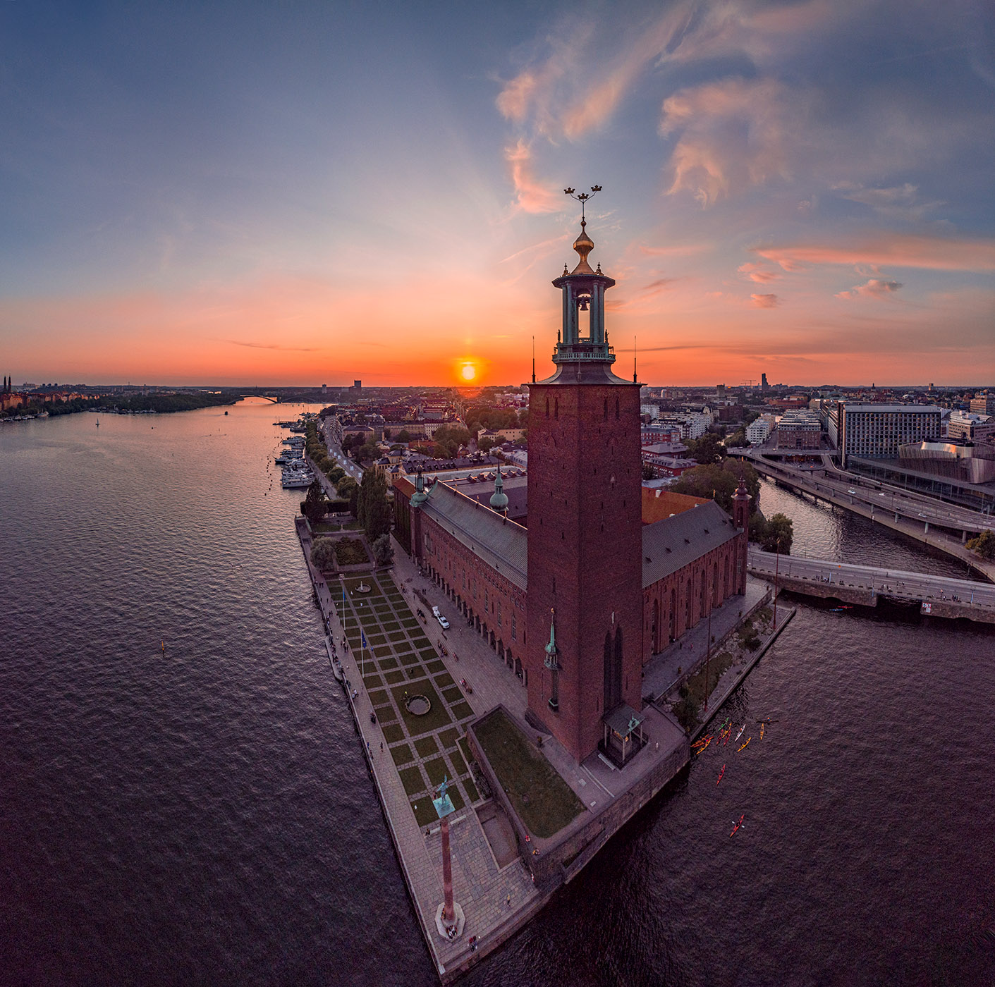 Stockholms City Hall from above during the sunset.